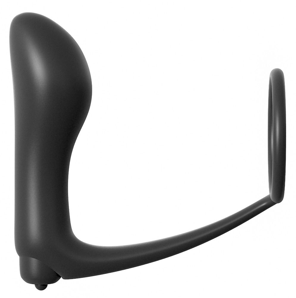 Seitliche Ansicht eines schwarzen Vibrations-Analplugs mit Ring aus Silikon.