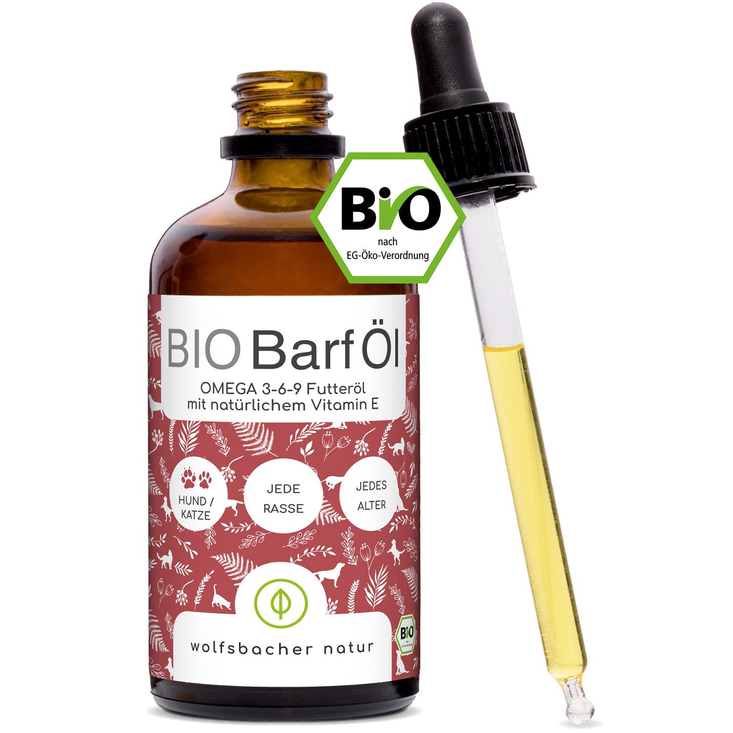 Braune Glasflasche mit Pipette. Aufschrift: BIO Barf Öl, Omega 3-6-9, für Hunde und Katzen. Bio-Siegel.