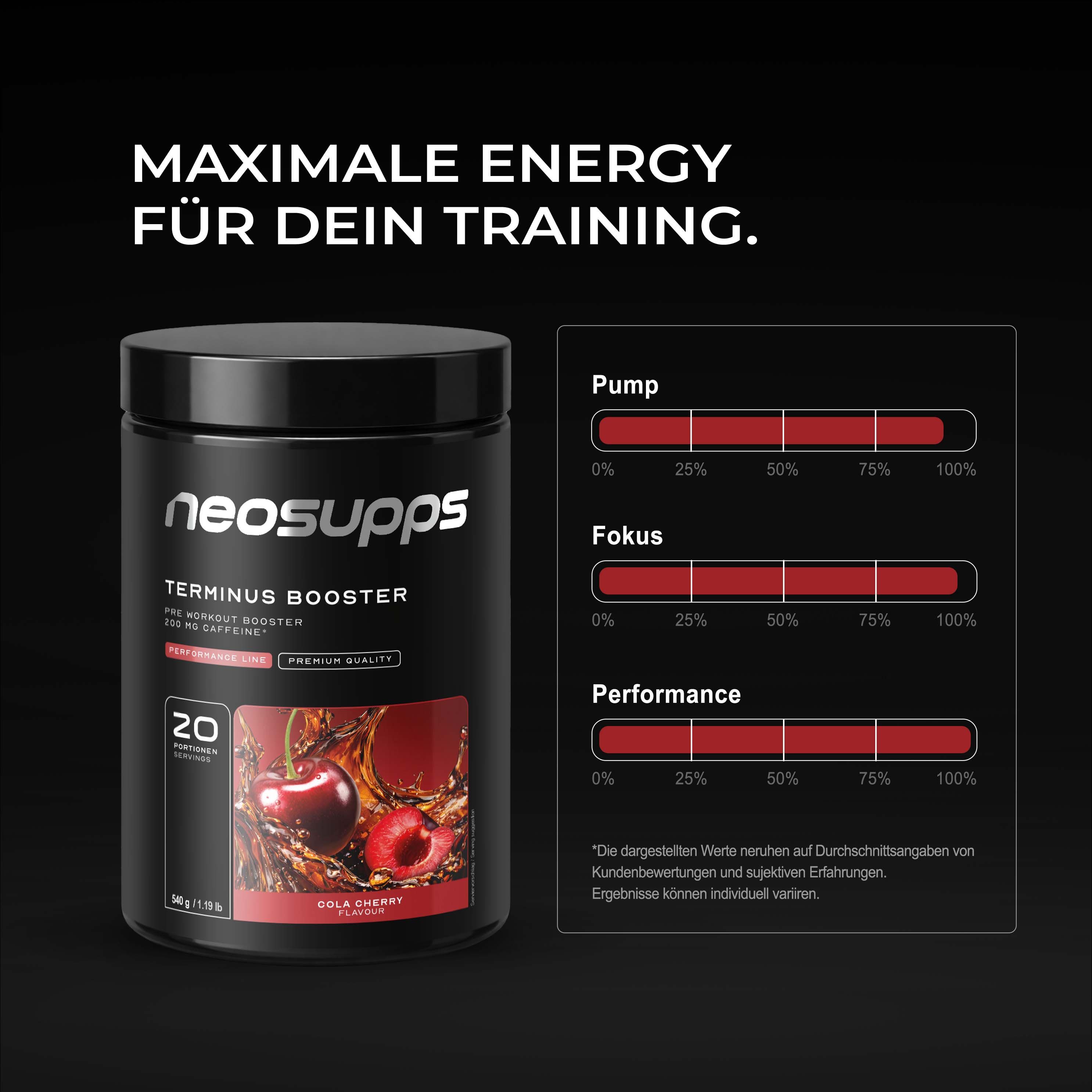 Schwarze Dose "neosupps Terminus Booster Cola Cherry" mit Diagrammen zu Pump, Fokus und Leistung. Schwarzer Hintergrund.