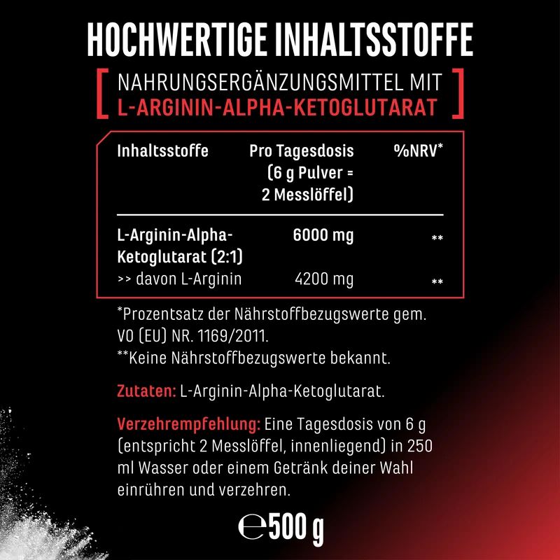 Nahrungsergänzungsmittel mit L-Arginin-Alpha-Ketoglutarat (2:1). 6000mg pro 6g Pulver. 500g.