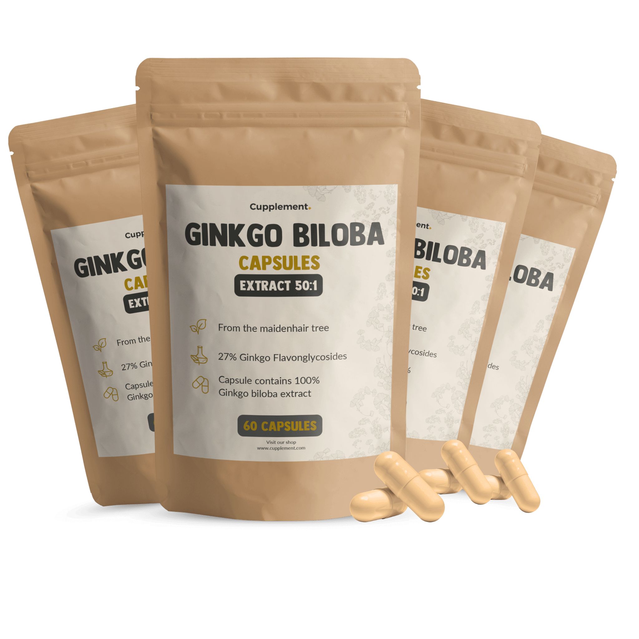 Mehrere Beutel mit Kapseln. Aufschrift: Ginkgo Biloba Capsules, Extract 50:1. Enthält 60 Kapseln. Einige Kapseln liegen daneben.