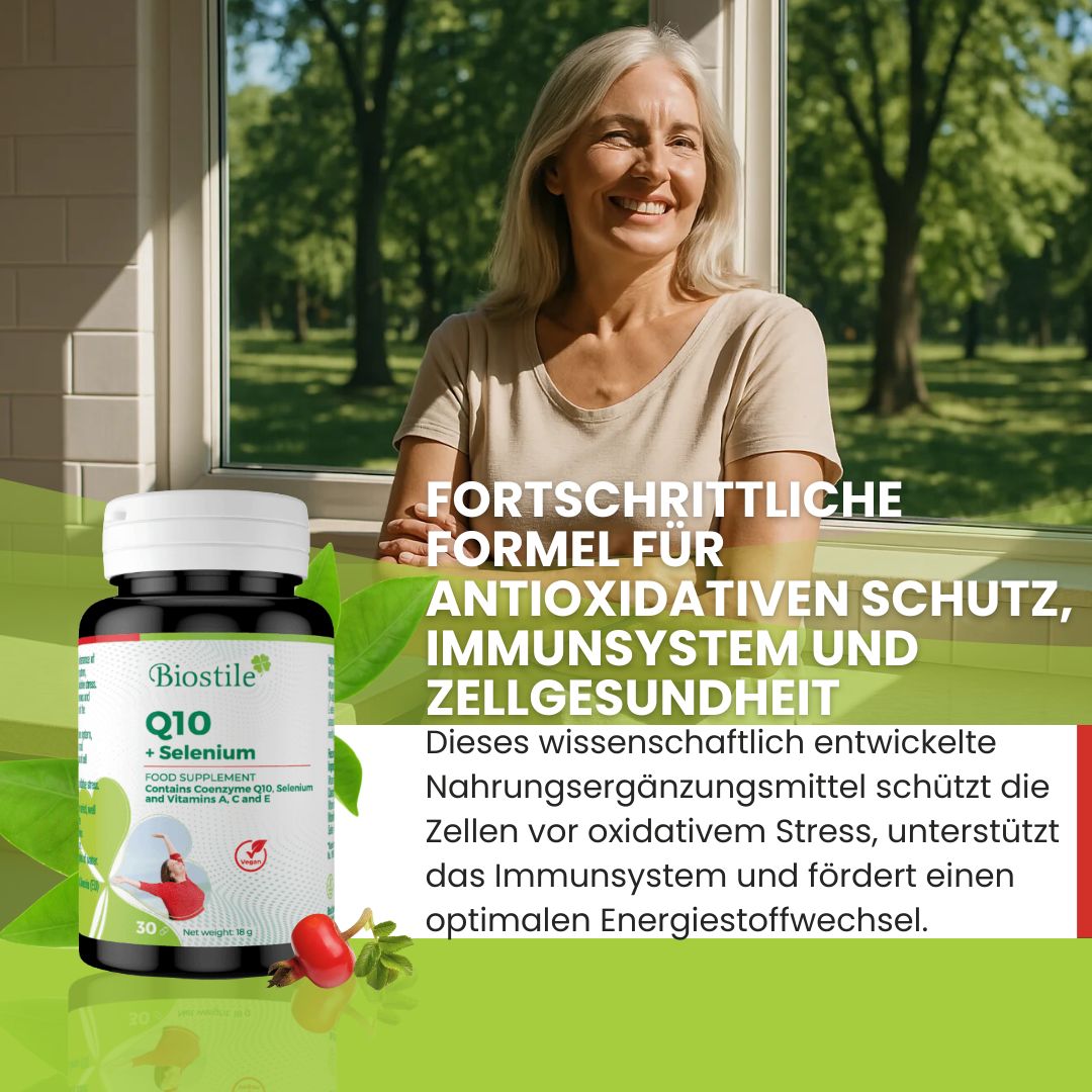 Biostile Q10 + Selen Dose neben einer lächelnden älteren Frau, mit Text über antioxidativen Schutz.