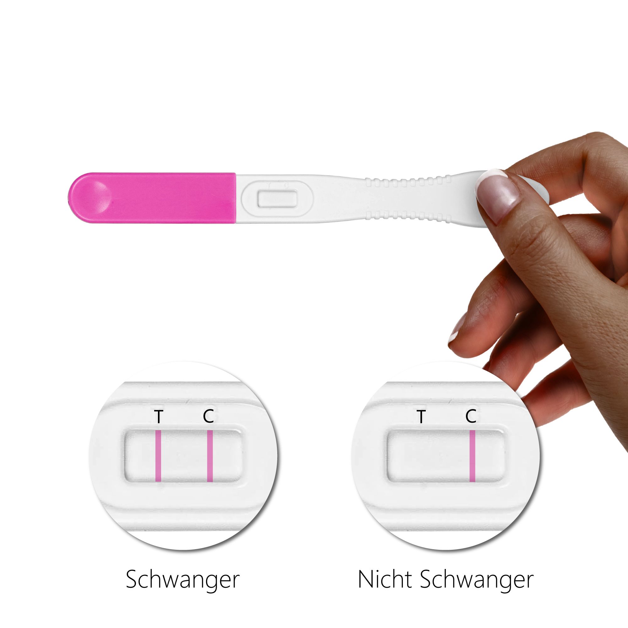 Hand hält Schwangerschaftstest. Zwei Ergebnisse: positiv (zwei Linien) und negativ (eine Linie).