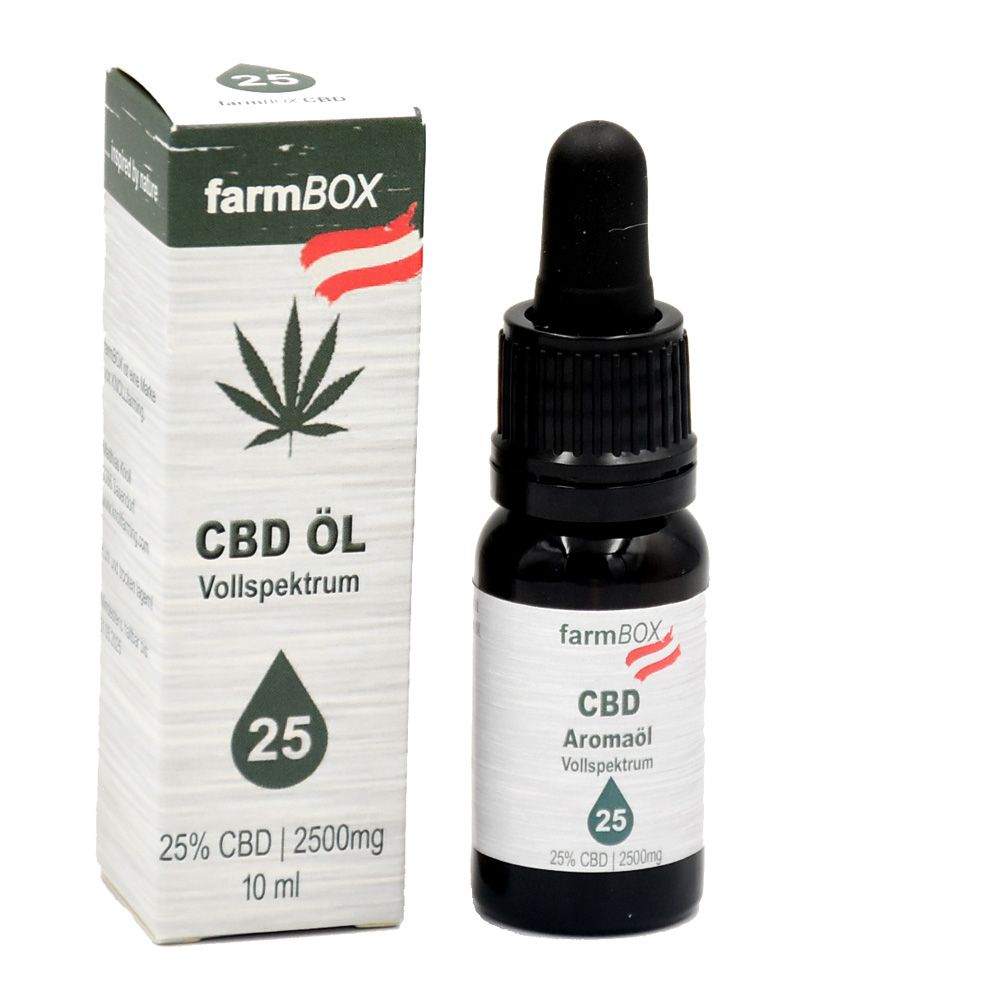 Flasche und Schachtel mit CBD-Öl. Aufschrift: farmBOX, CBD Öl, 25%. Tropfen-Symbol.