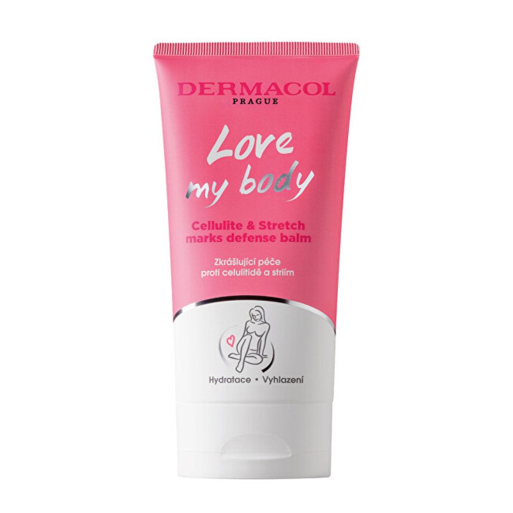 Rosa Tube mit weißem Boden. Aufschrift: Dermacol Prague, Love my body, Cellulite & Stretch marks defense balm. Illustration einer Frau.