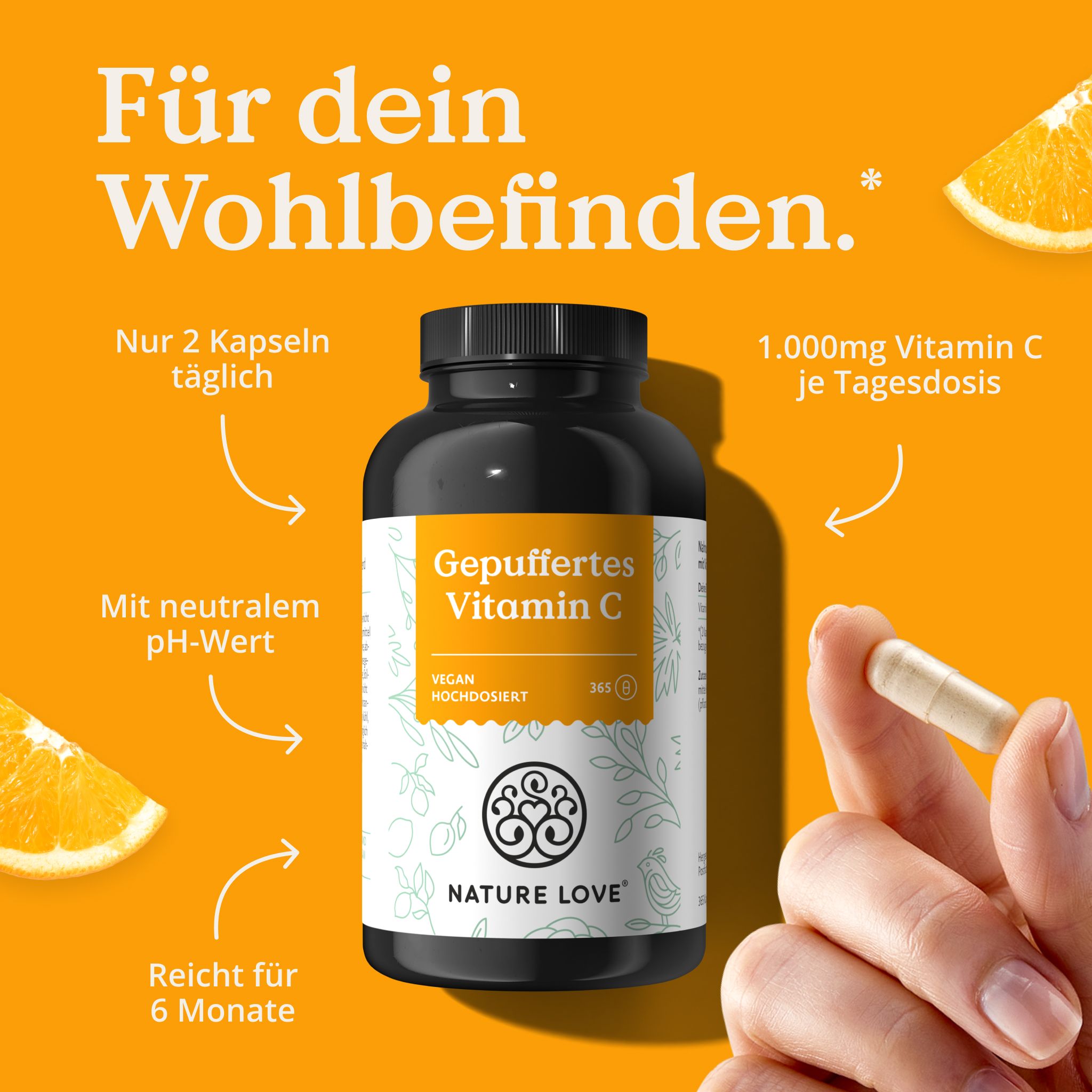 Schwarze Flasche mit Kapseln. Aufschrift: Gepuffertes Vitamin C, NATURE LOVE®. Enthält 1.000mg Vitamin C pro Tagesdosis. Vegan.