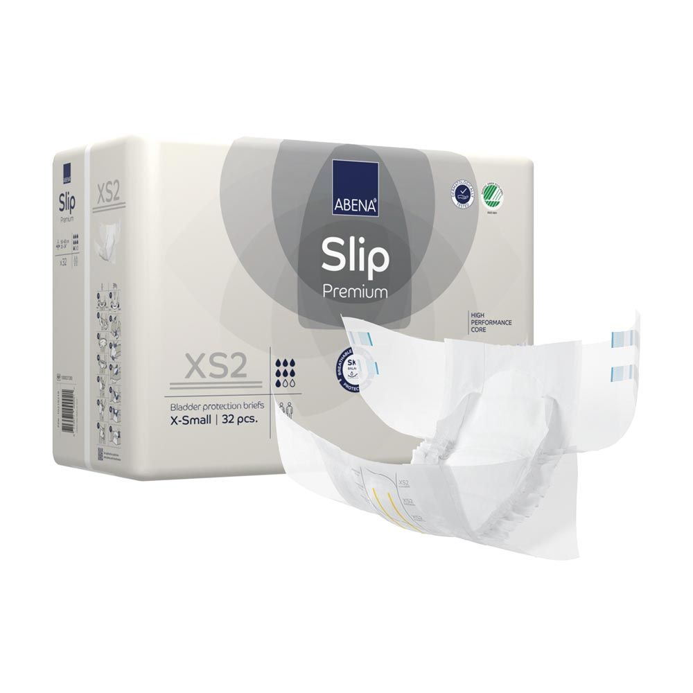 Abena Slip Premium XS2. Verpackung und geöffneter Slip. Produktname, Logo und Zertifizierungen sind sichtbar.