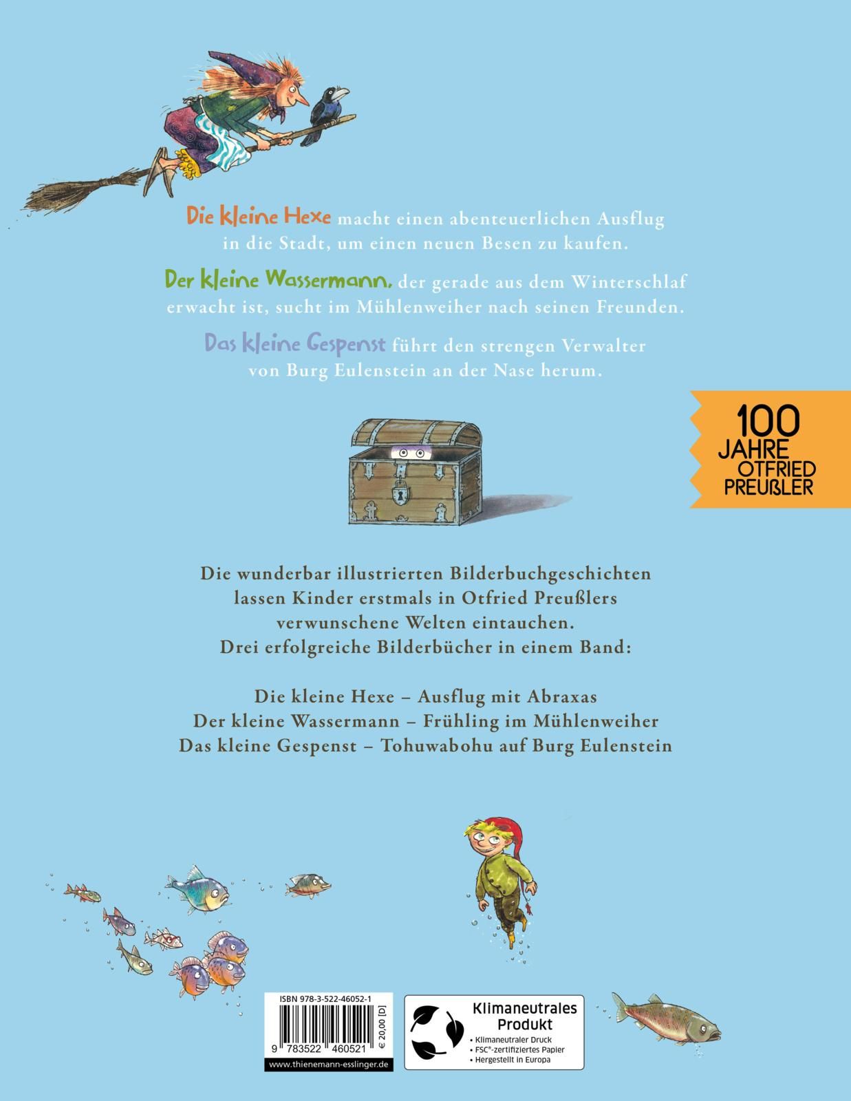 Buchrückseite mit Illustrationen. Titel: Die kleine Hexe, Der kleine Wassermann, Das kleine Gespenst. Verlag: Thienemann.
