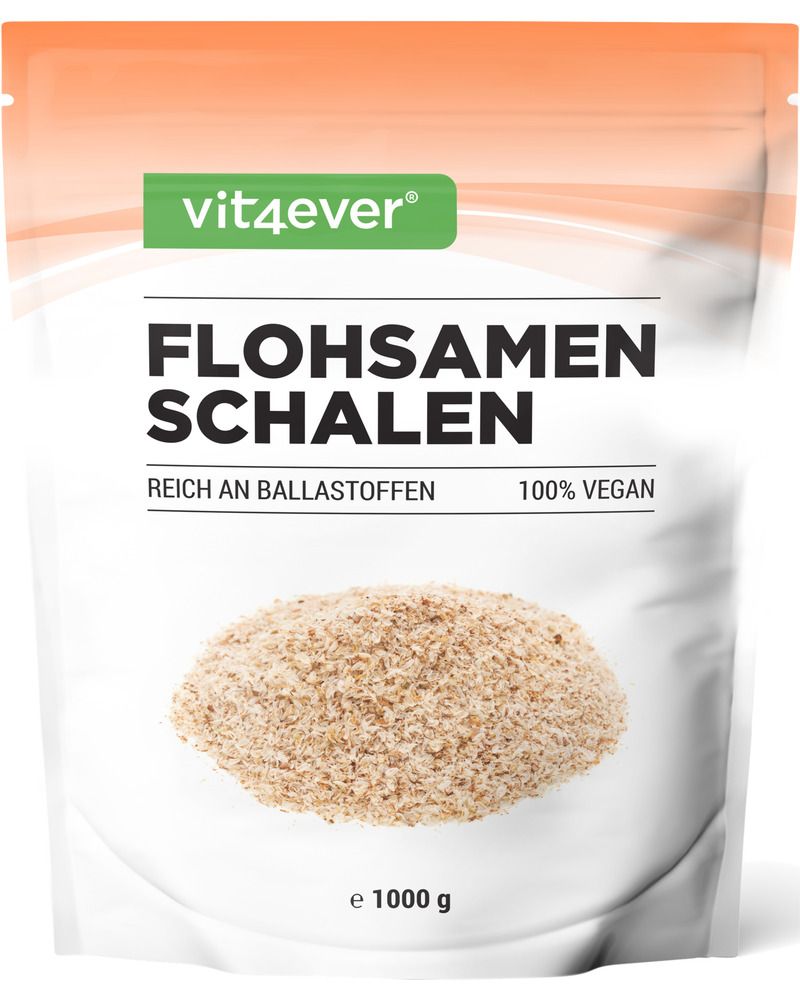 Beutel mit Flohsamenschalen. Aufschrift: vit4ever, Flohsamenschalen, reich an Ballaststoffen, 100% vegan. Inhalt: 1000 g.
