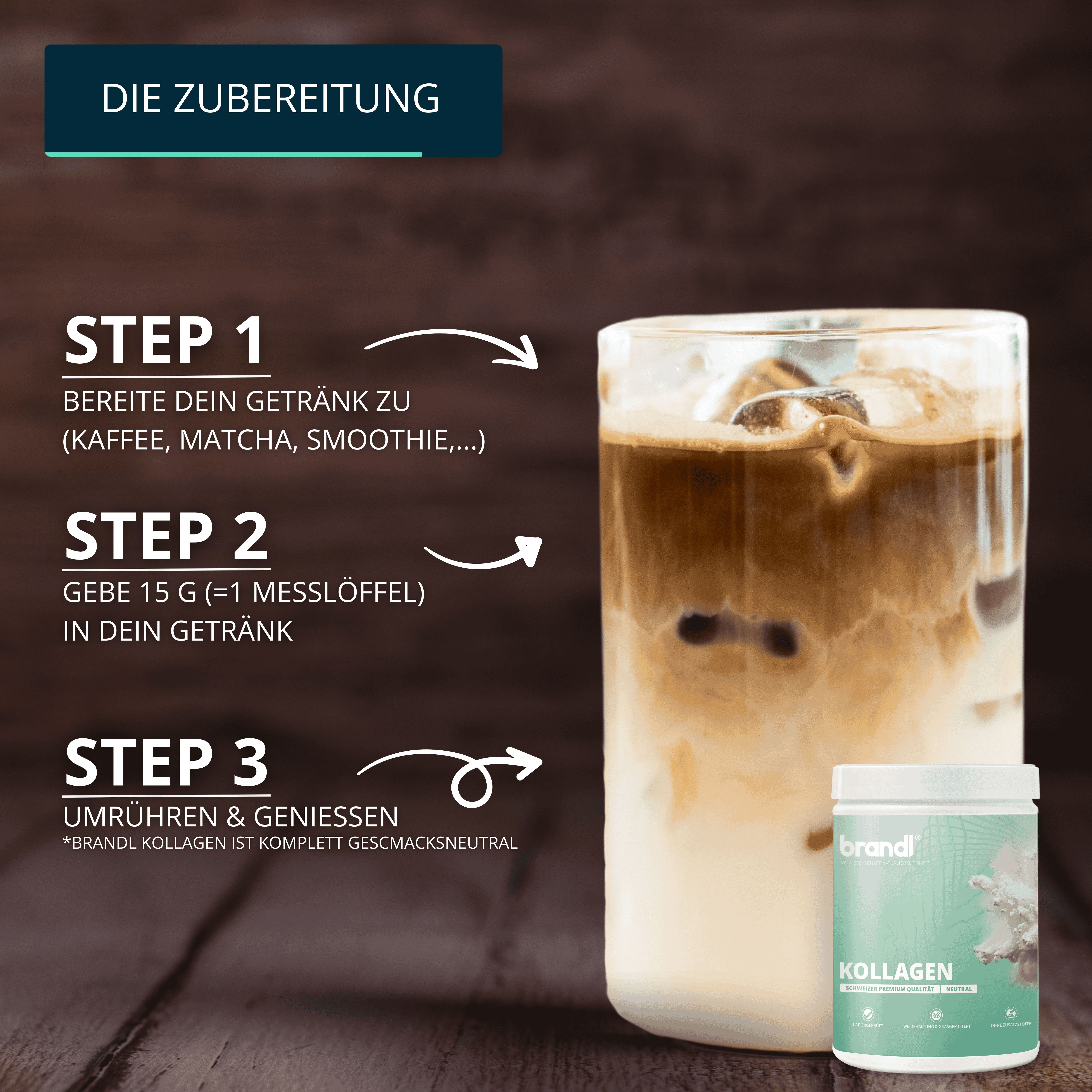 Glas mit Getränk und Eiswürfeln. Daneben Produktglas mit grünem Etikett. Text: brandl Kollagen.