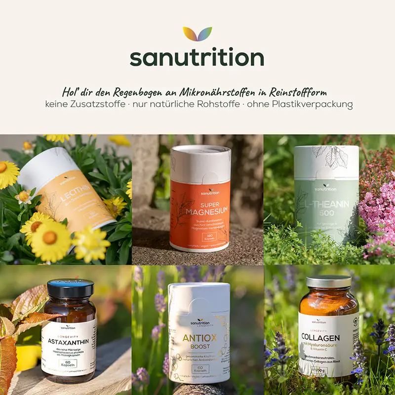 Verschiedene Nahrungsergänzungsmittel in Behältern. Produkte: Astaxanthin, Super Magnesium, L-Theanin 500, AntioX Boost, Collagen.