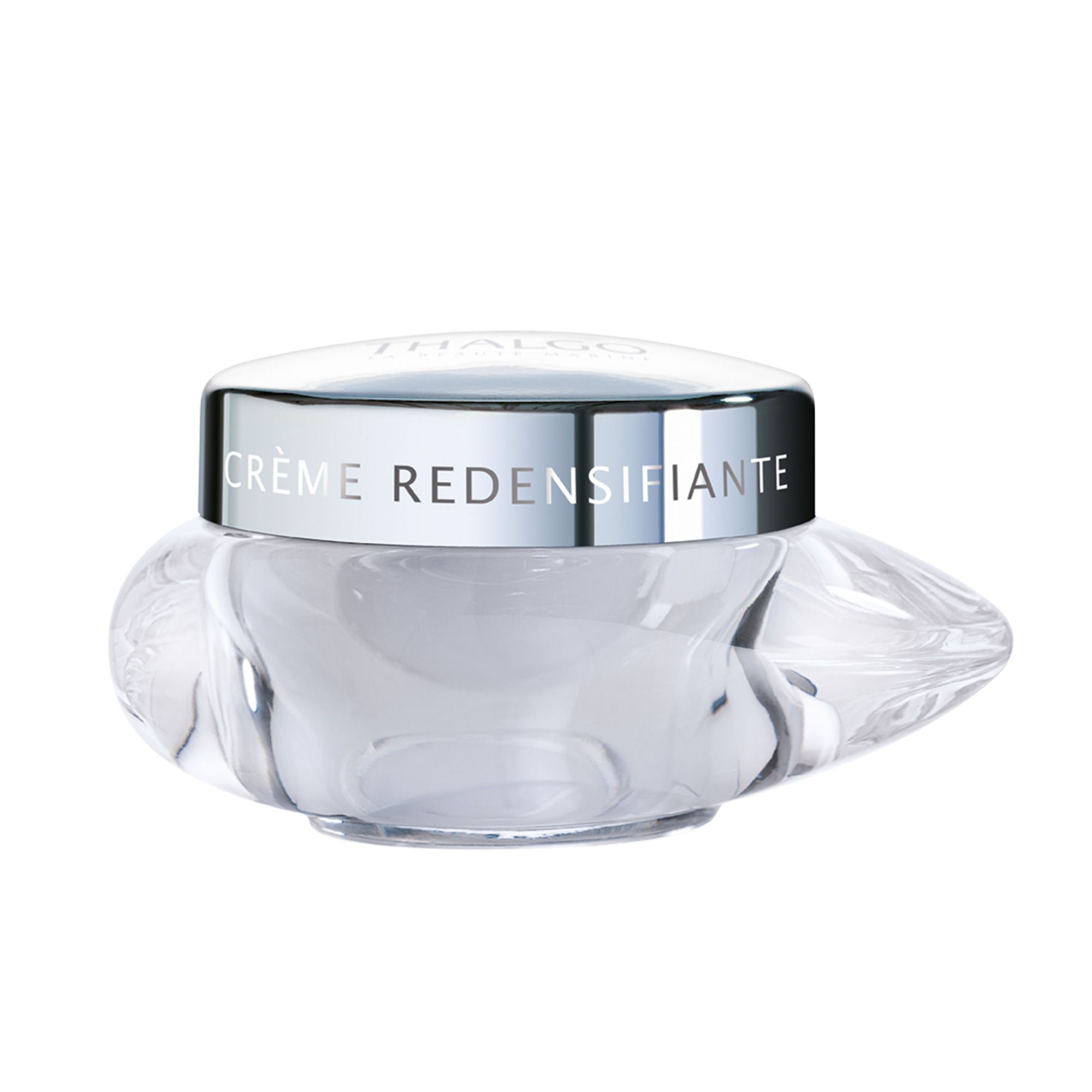 Glasbehälter mit silbernem Deckel. Aufschrift: THALGO, Crème Redensifiante. Klare, organische Form.