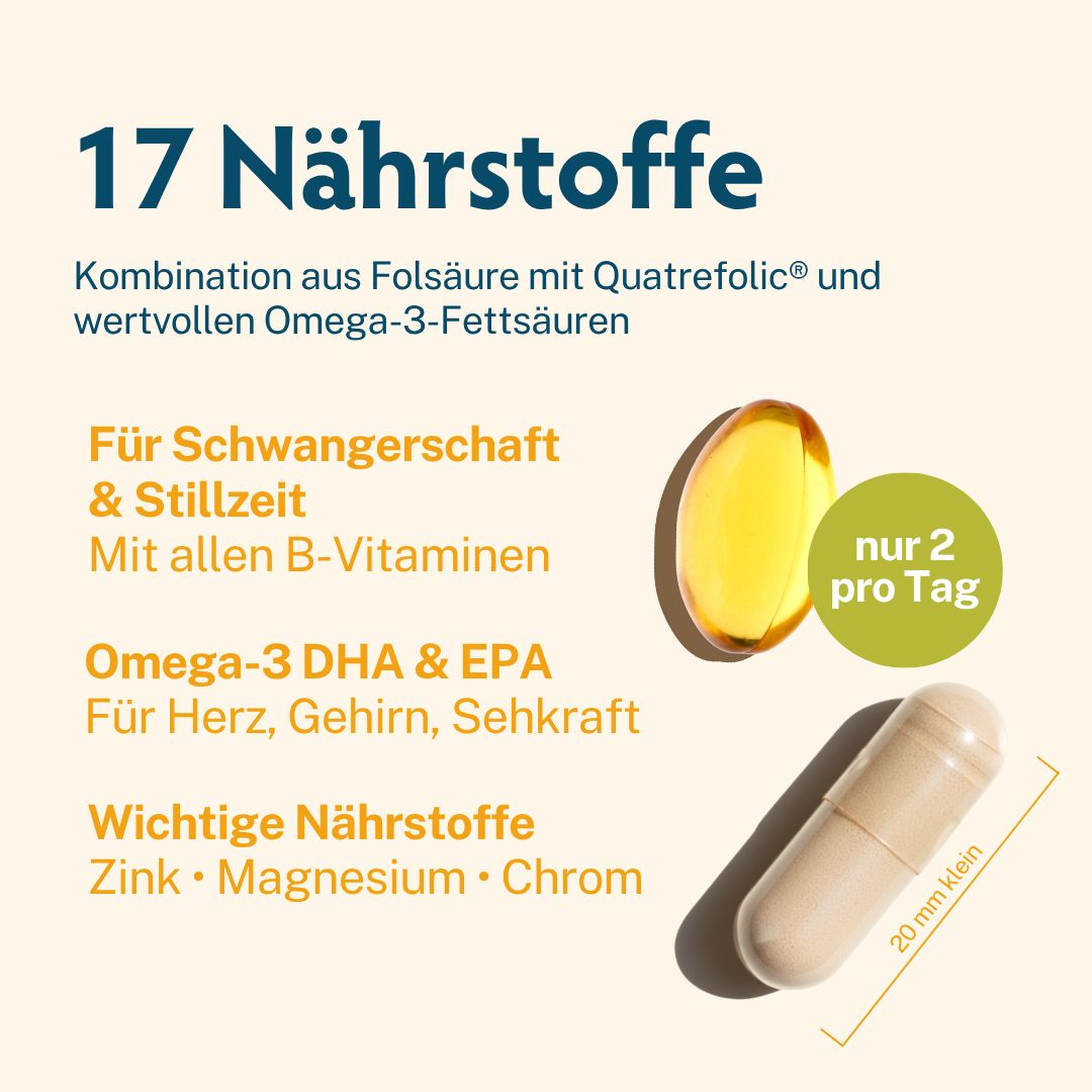 Kapsel und Omega-3-Tropfen, 17 Nährstoffe, für Schwangerschaft und Stillzeit.