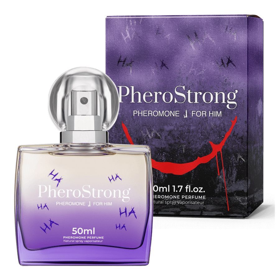 PheroStrong Parfümflakon und Kartonverpackung, 50ml, mit lila Farbverlauf und "HA"-Schriftzug.