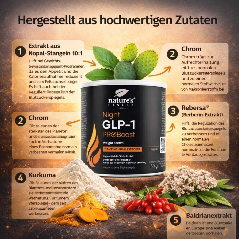 Nature's Finest Night GLP-1 ProBoost Dose mit Zutaten wie Nopal-Stangeln, Chrom, Berberisa-Extrakt, Kurkuma und Baldrian.