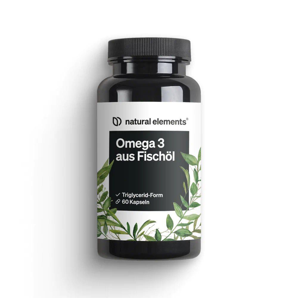Schwarze Flasche mit Omega 3 Fischöl Kapseln. Etikett mit Produktnamen und Blättermotiv. 60 Kapseln.