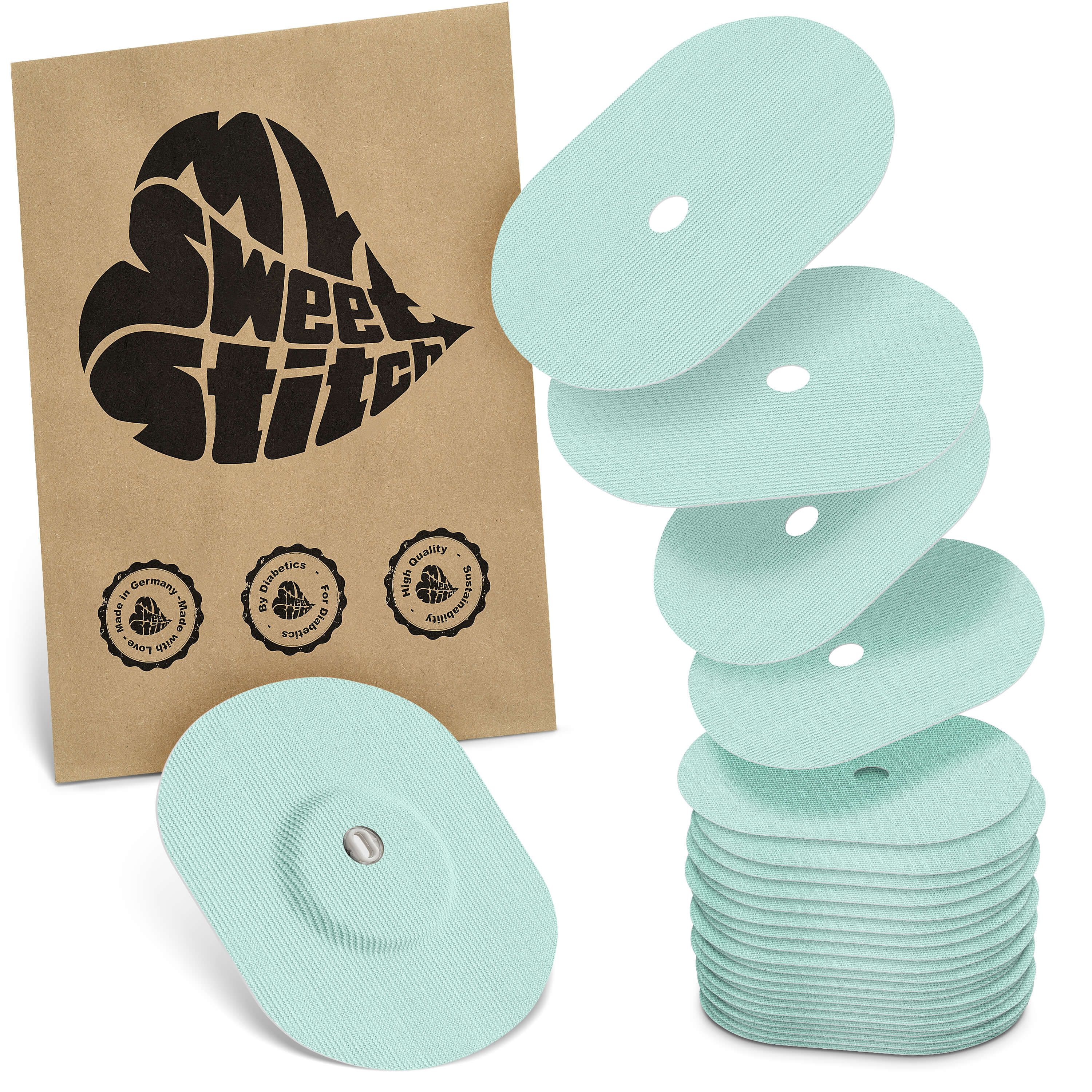 Ovalförmige Pflaster in Mintgrün mit zentralem Loch. Auf brauner Verpackung steht "MySweetStitch".