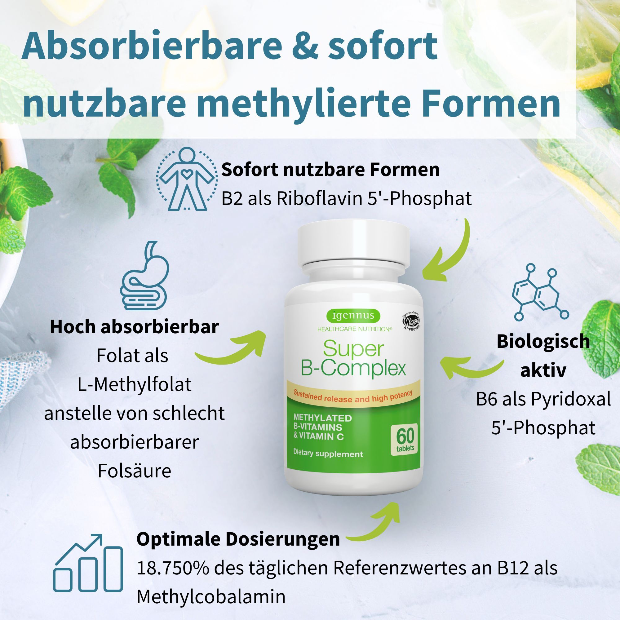 Flasche Igennus Super B-Komplex mit 60 Tabletten, mit Grafiken, die die Absorption und biologische Aktivität hervorheben.