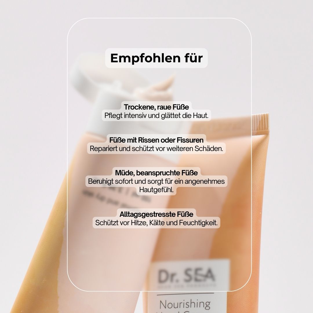 Fußcreme-Tube neben Infografik. Produktname und Marke. Text: „Empfohlen für“ und Auflistung von Fußproblemen.
