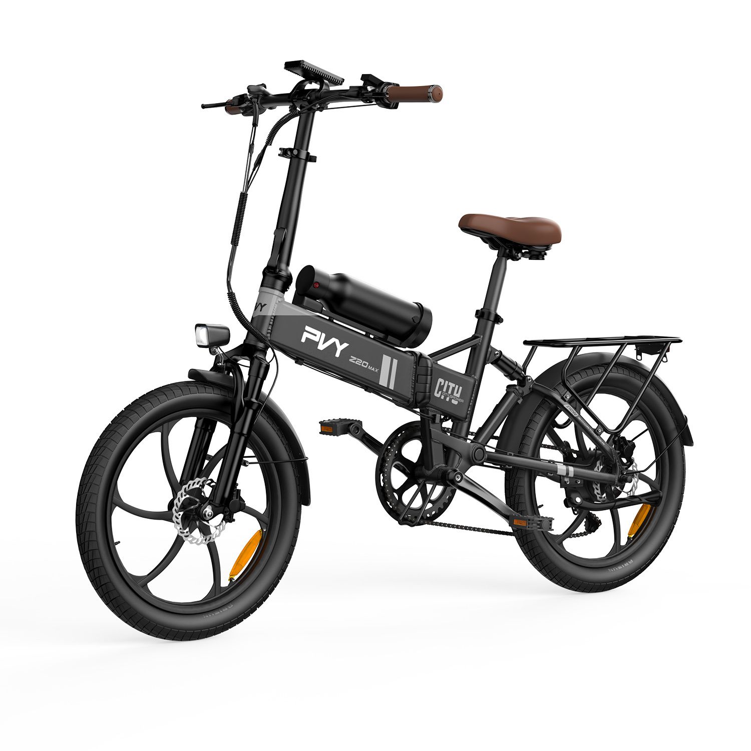 Schwarzes E-Bike mit braunem Sattel, Gepäckträger und Akku. PVY Z20 MAX Schriftzug.