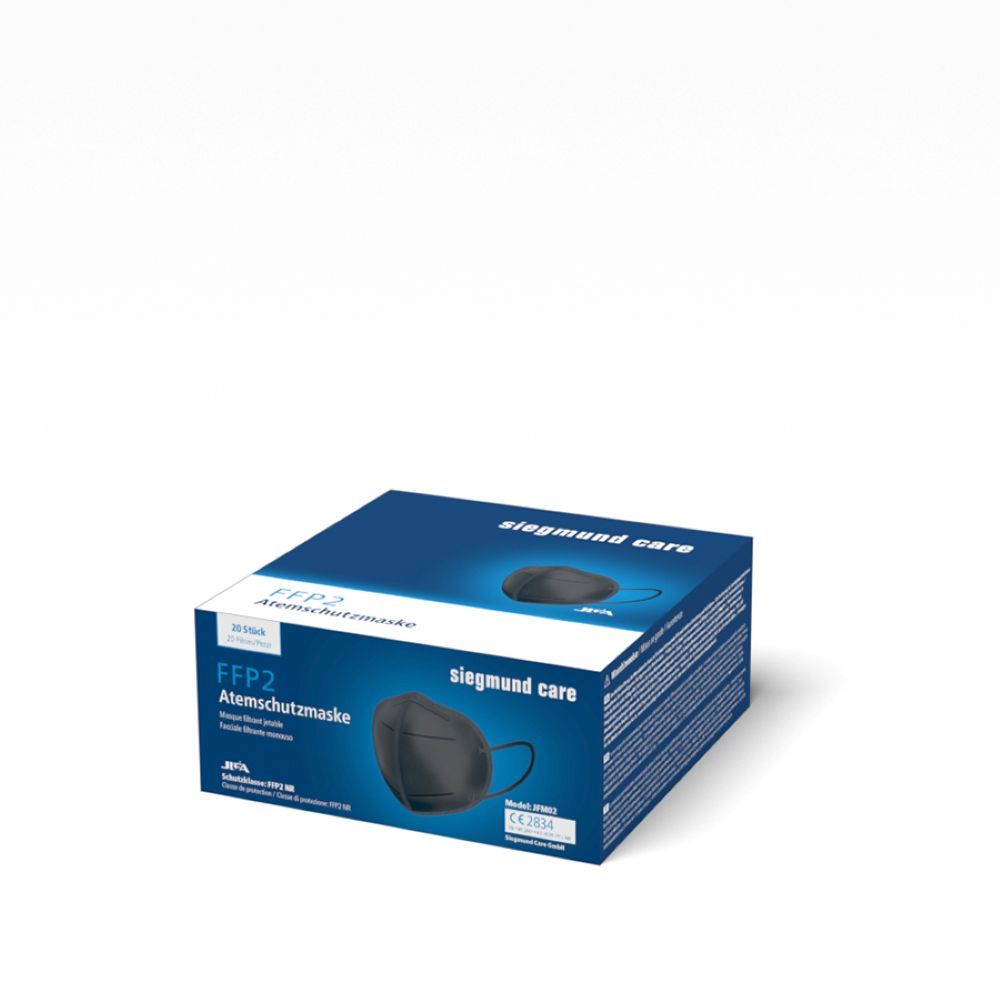 Blau-weiße Verpackung für Atemschutzmasken. Aufschrift: siegmund care, FFP2 Atemschutzmaske schwarz.