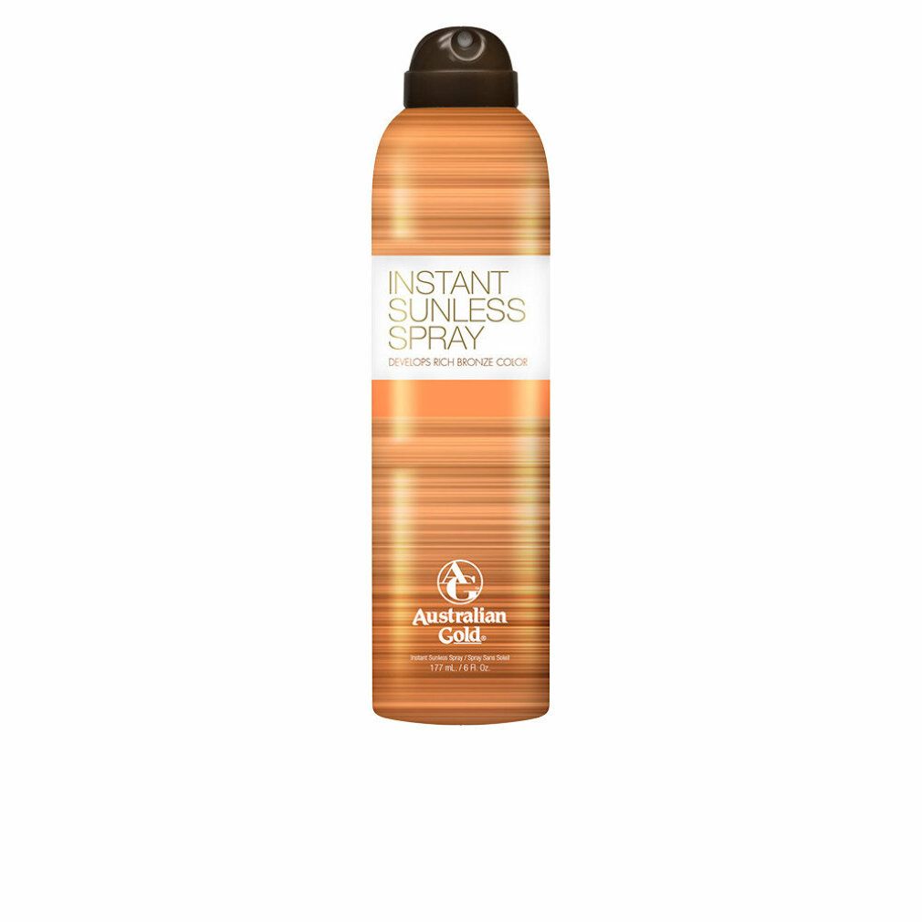 Spraydose mit brauner Flüssigkeit. Aufschrift: Instant Sunless Spray, Entwickelt Rich Bronze Color. Marke: Australian Gold.