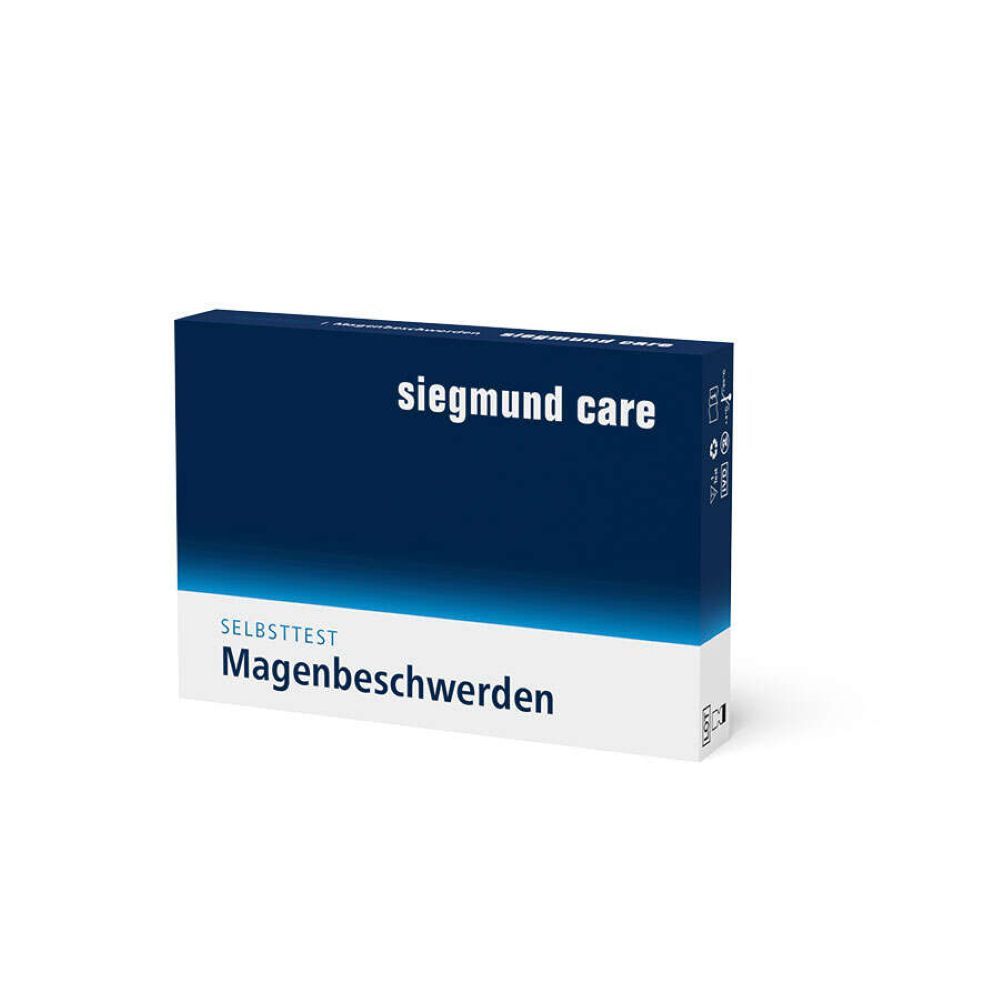 Verpackung für den Selbsttest. Blaue Schachtel mit weißer Schrift. Enthält den Produktnamen und das Logo von Siegmund Care.