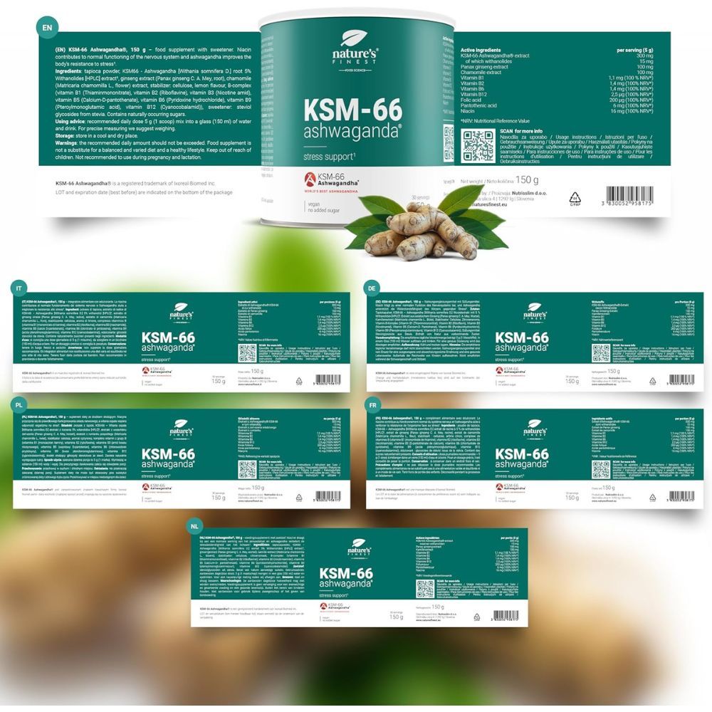 Nature's Finest KSM-66 Ashwagandha Dose, 150g, mit Messlöffel und Pulver.