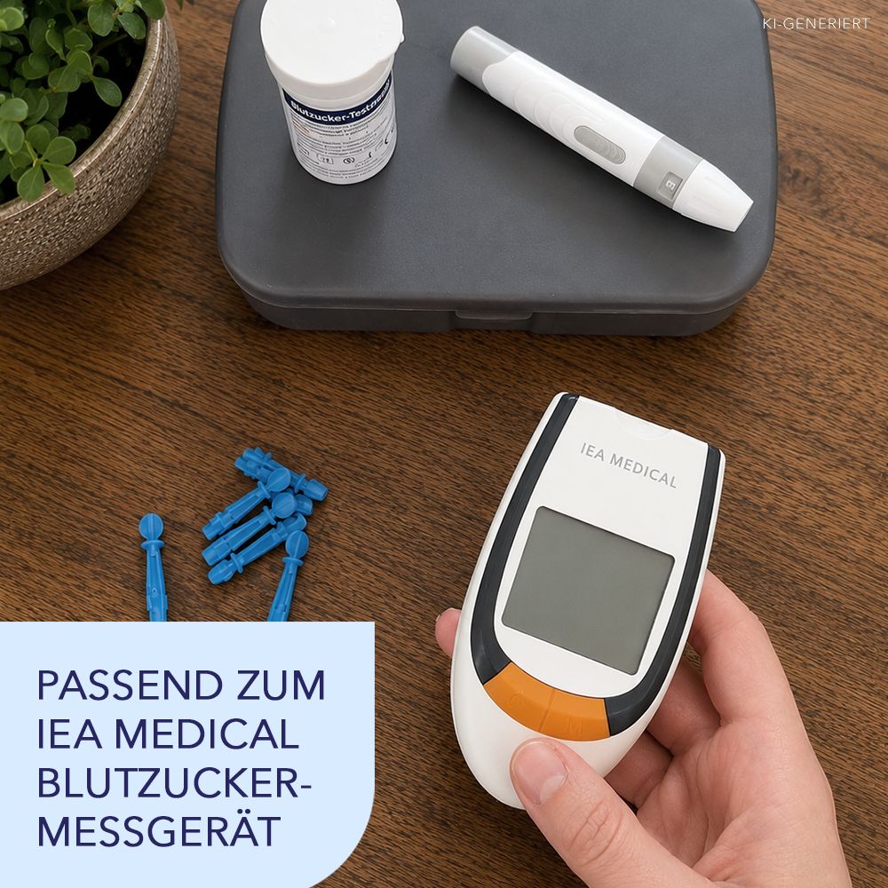 Blutzuckermessgerät, Lanzetten und Fläschchen auf Tisch. Text: Passend zum IEA MEDICAL Blutzuckermessgerät.