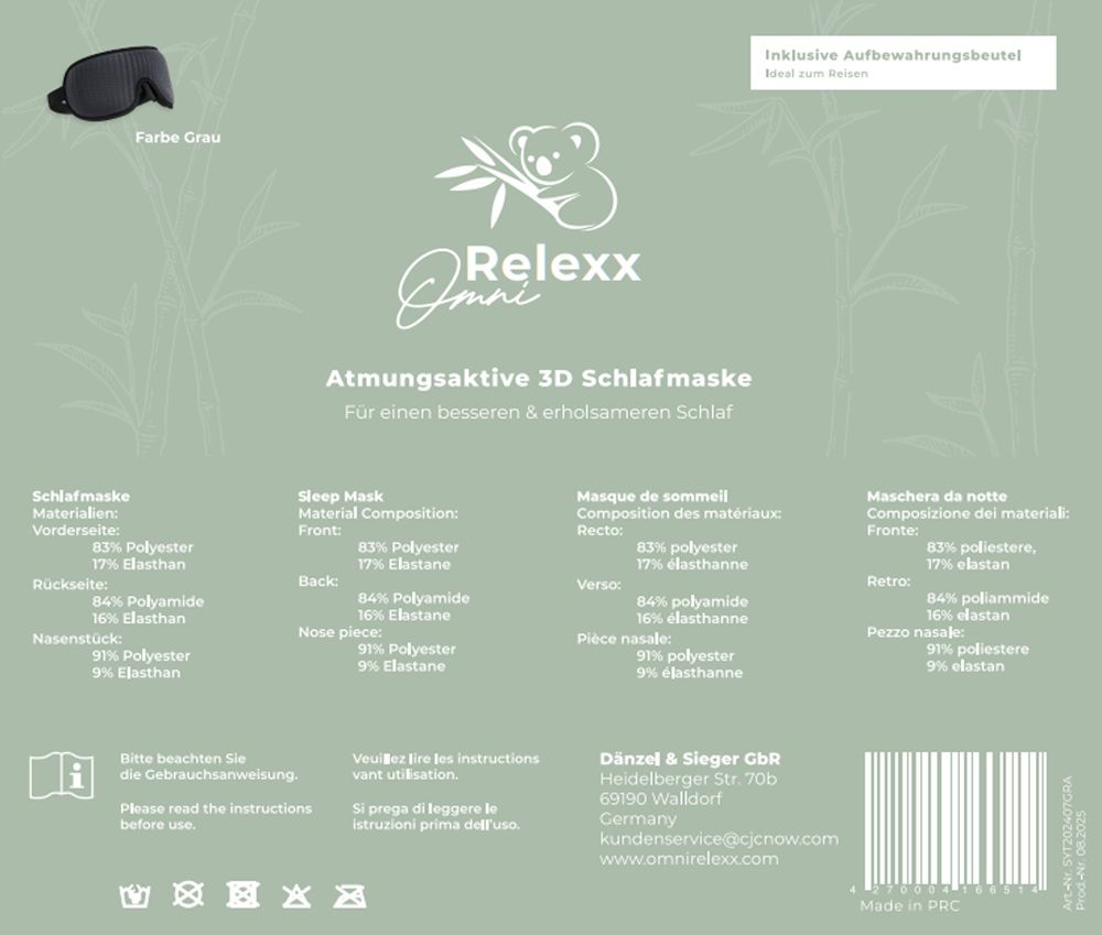 Rückseite der Verpackung. Schlafmaske, Materialzusammensetzung, Waschsymbole, Hersteller.