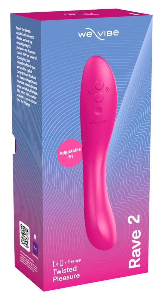 Verpackung mit rosa Vibrator. Aufschrift Rave 2, We-Vibe-Logo, QR-Code, Text: Twisted Pleasure, Free App.