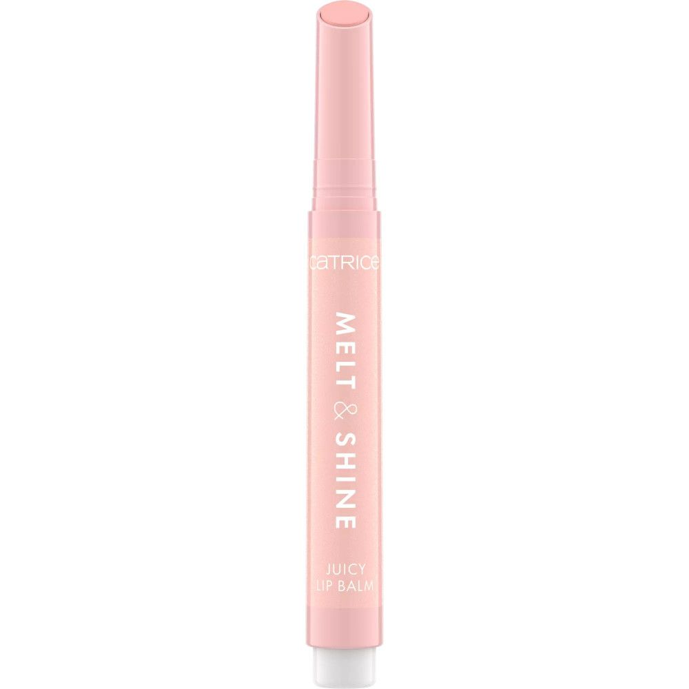 Lippenbalsam in rosa Hülle mit weißer Schrift MELT & SHINE und JUICY LIP BALM. Rosa Deckel.