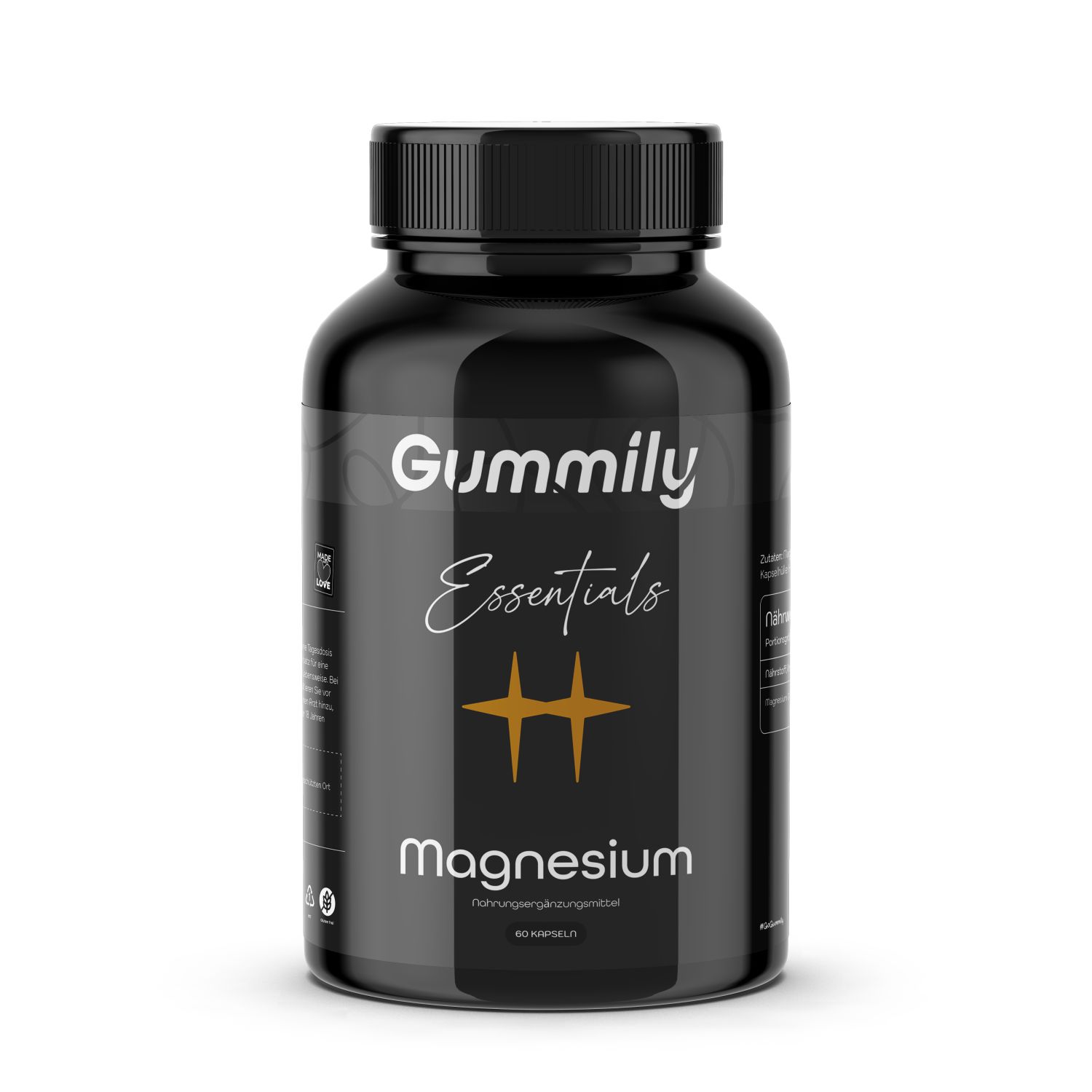 Schwarze Flasche mit Gummily Essentials Magnesium Kapseln. Schriftzug und Logo auf der Vorderseite. 60 Kapseln.