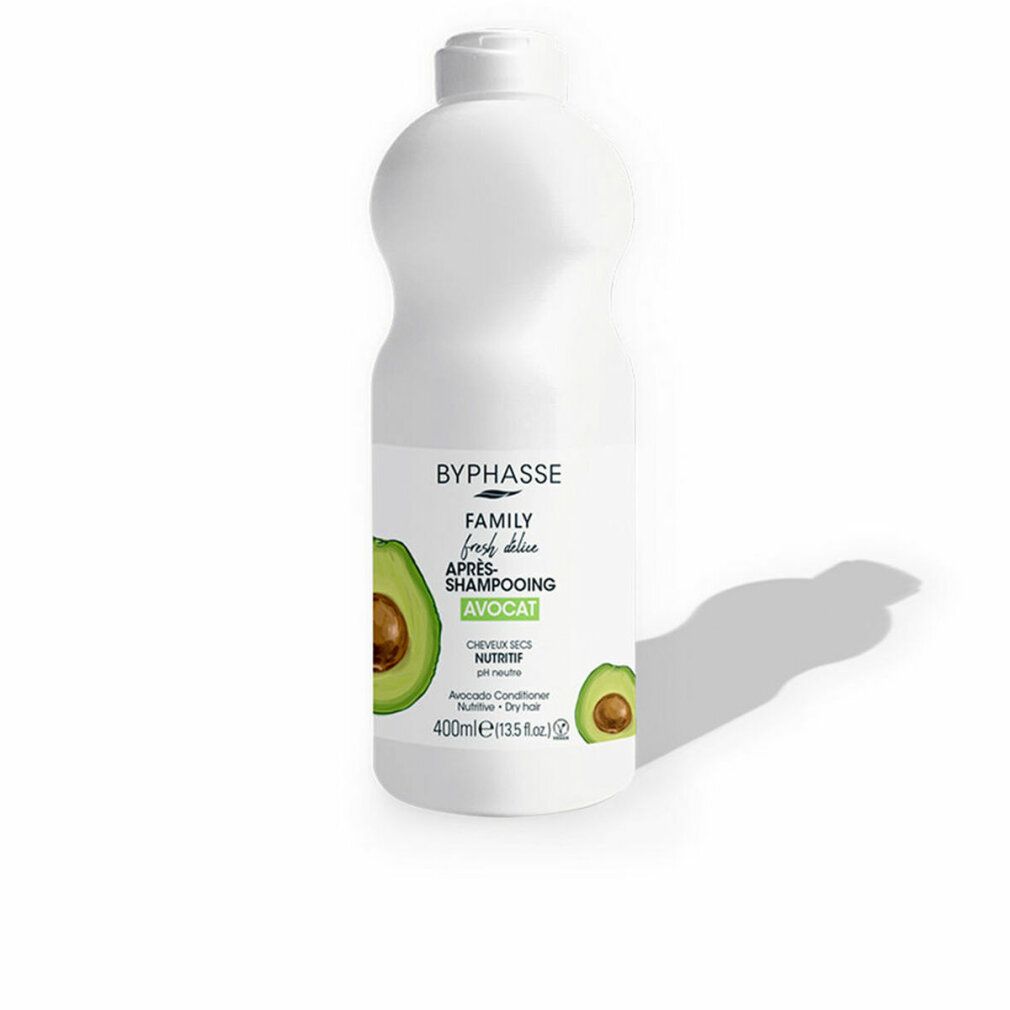 Weiße Flasche mit Avocado-Illustration und Text. Aufschrift: Byphasse Family Fresh Delice Après Shampooing Avocat. Für trockenes Haar.