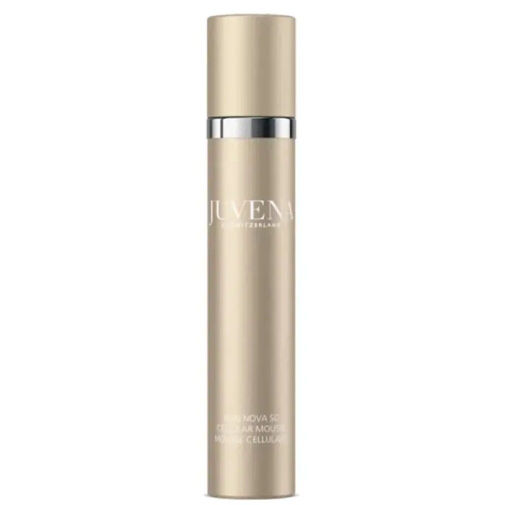 Beige Flasche mit silbernem Ring. Aufschrift: Juvena, Skin Nova SC Cellular Mousse.