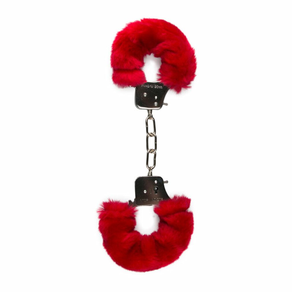 Rote, plüschige Handschellen. Metallverschlüsse mit Kette. Weiches, rotes Fell um die Handgelenke.