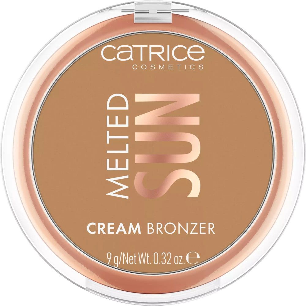 Runder, brauner Catrice Cream Bronzer in transparenter Verpackung. Aufschrift: Melted Sun, Cream Bronzer.