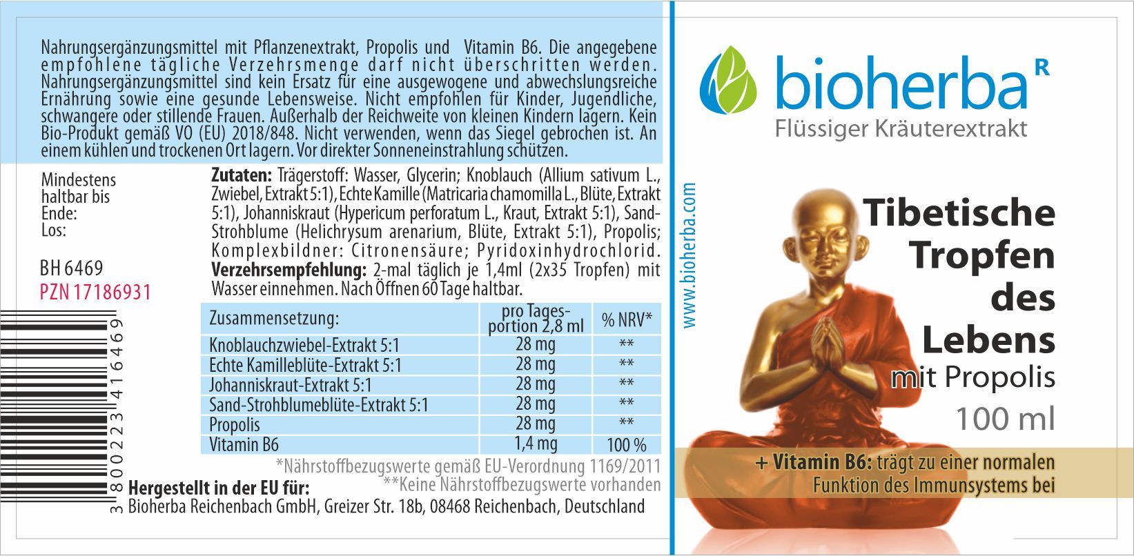Braune Flasche mit Etikett. Aufschrift: Bioherba, Tibetische Tropfen des Lebens mit Propolis. Enthält Kräuterextrakt und Vitamin B6.