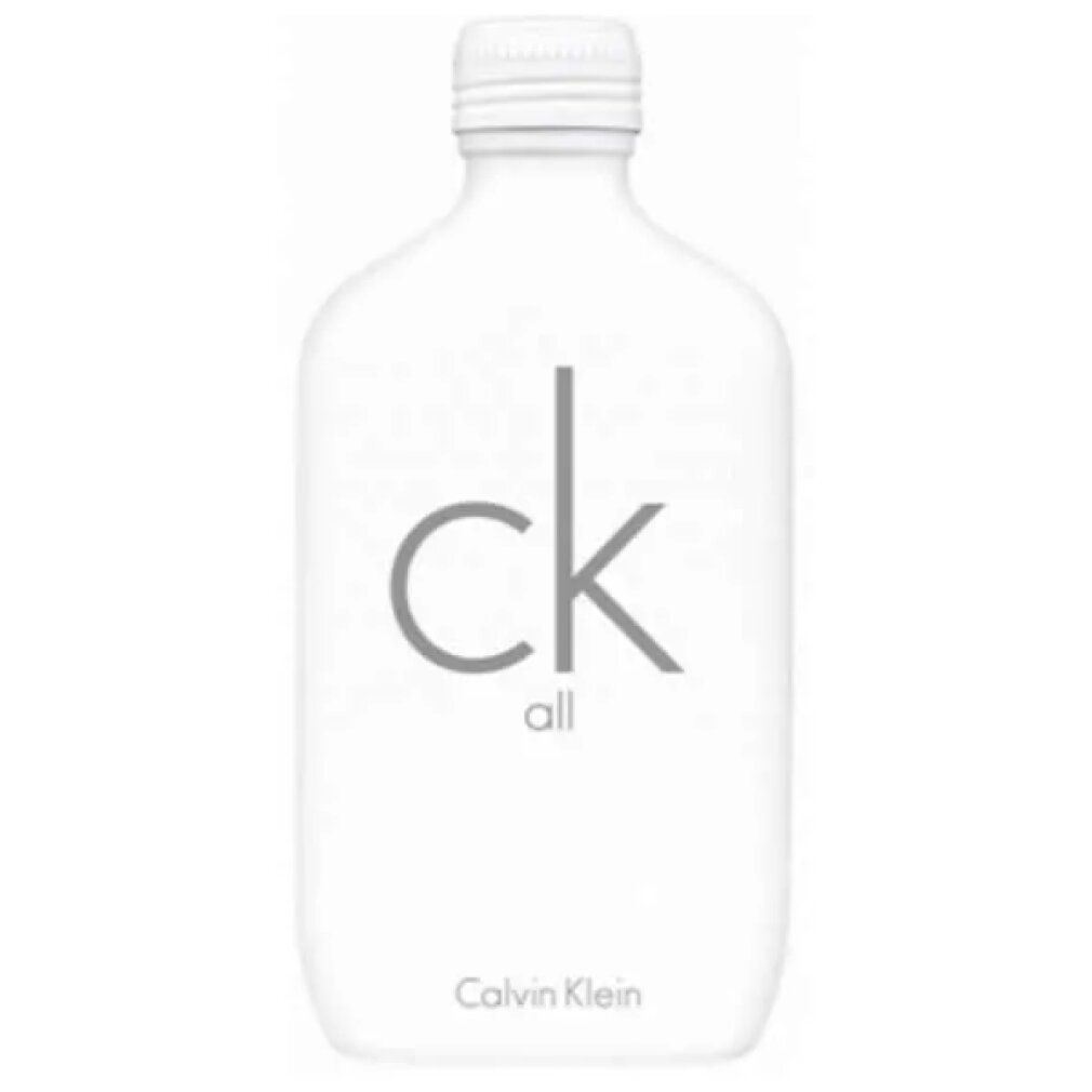 Weiße Flasche mit silbernem Deckel. Aufschrift "ck all" und "Calvin Klein".