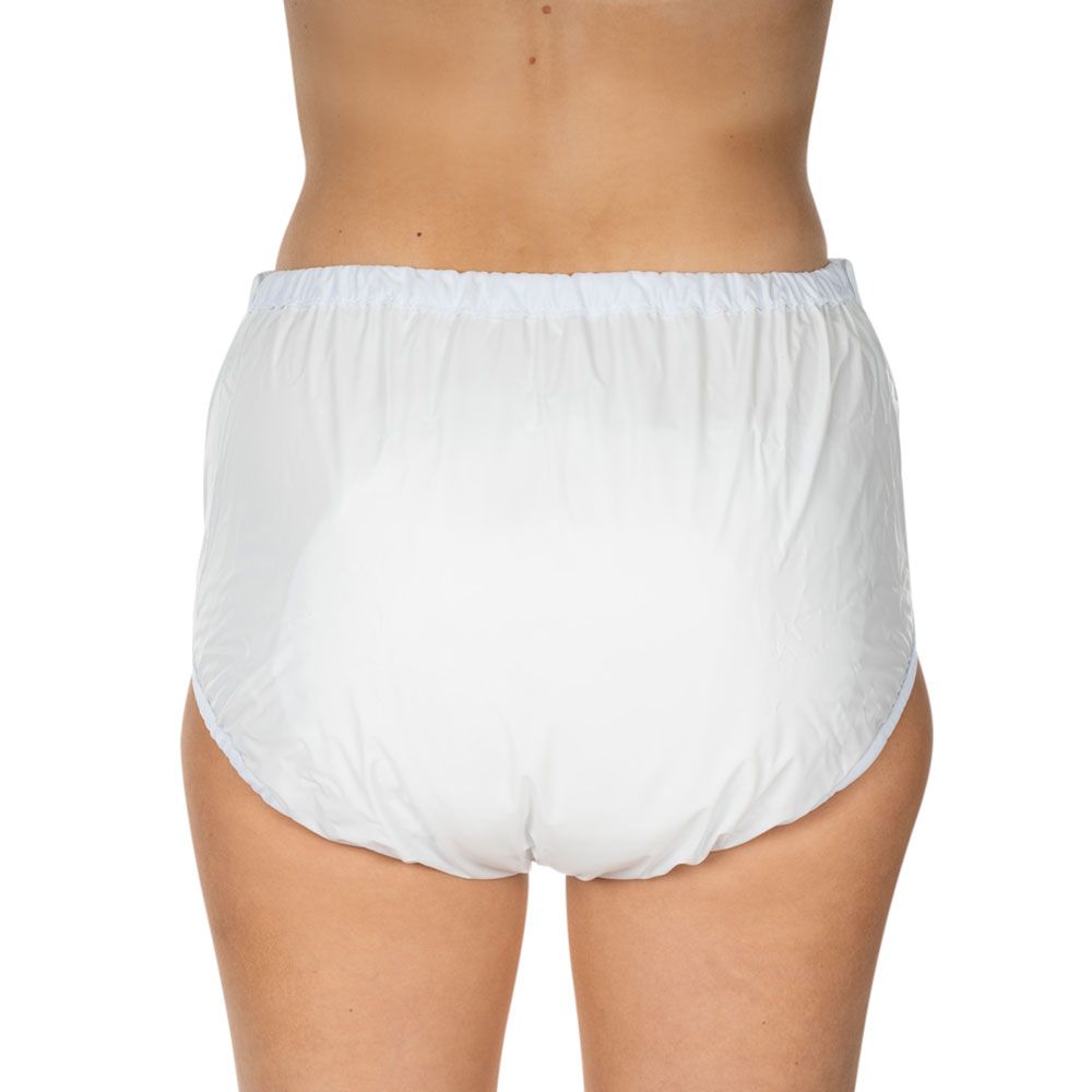 Weiße Inkontinenz-Slip. PVC-Material. Innenfutter sichtbar. Rückansicht.