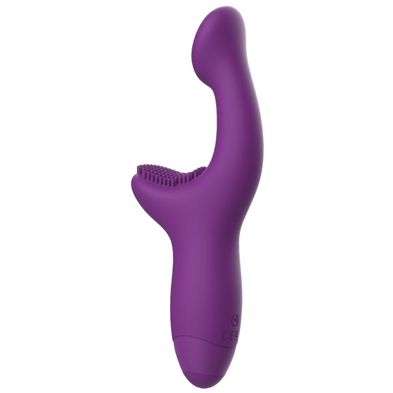 Lila Vibrator mit gebogener Form. Oberteil mit Noppen. Glatte Oberfläche. Aufrecht stehend.