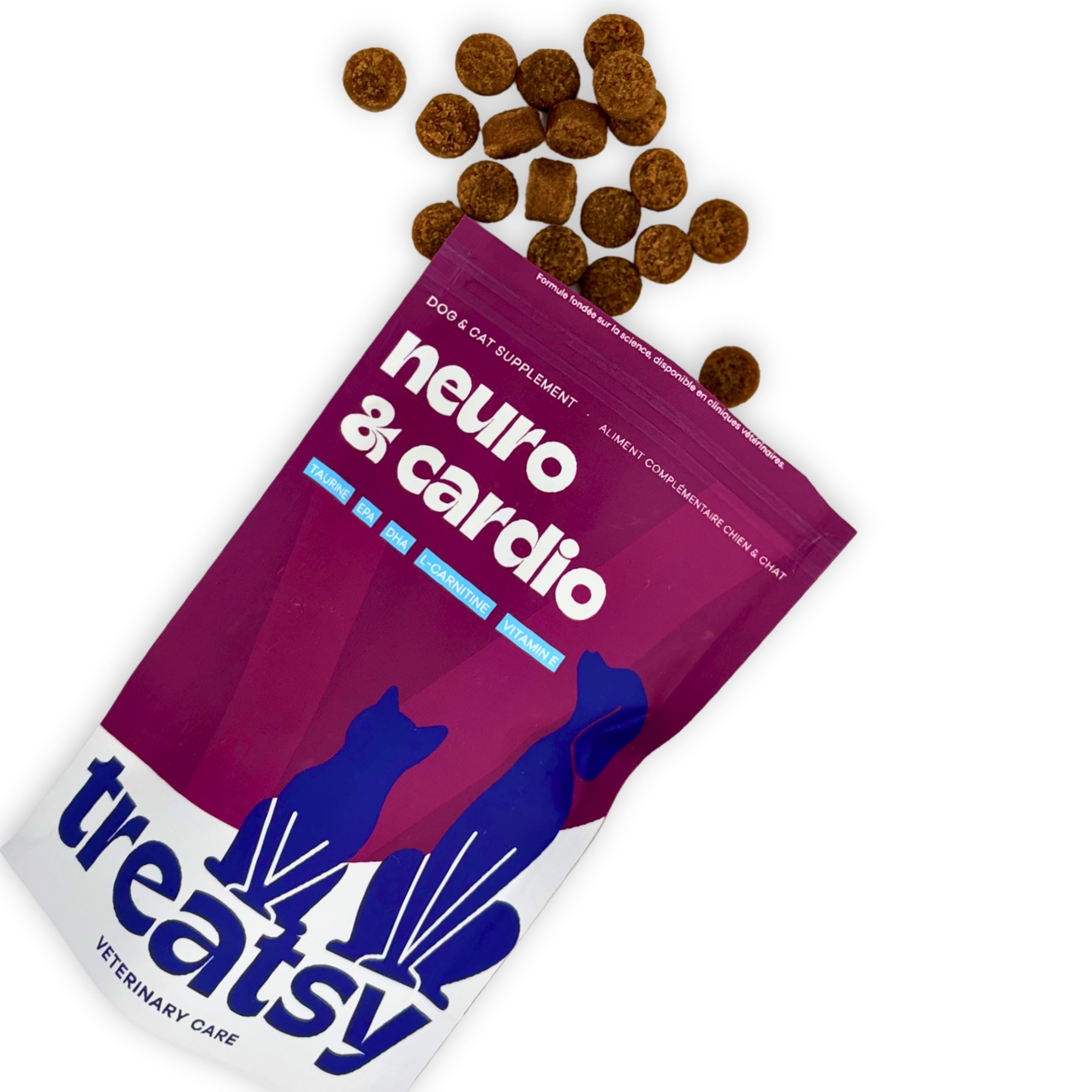 Beutel mit Snacks. Aufschrift: Neuro & Cardio. Marke: Treatsy. Für Hunde und Katzen. Braune Snacks fallen aus dem Beutel.