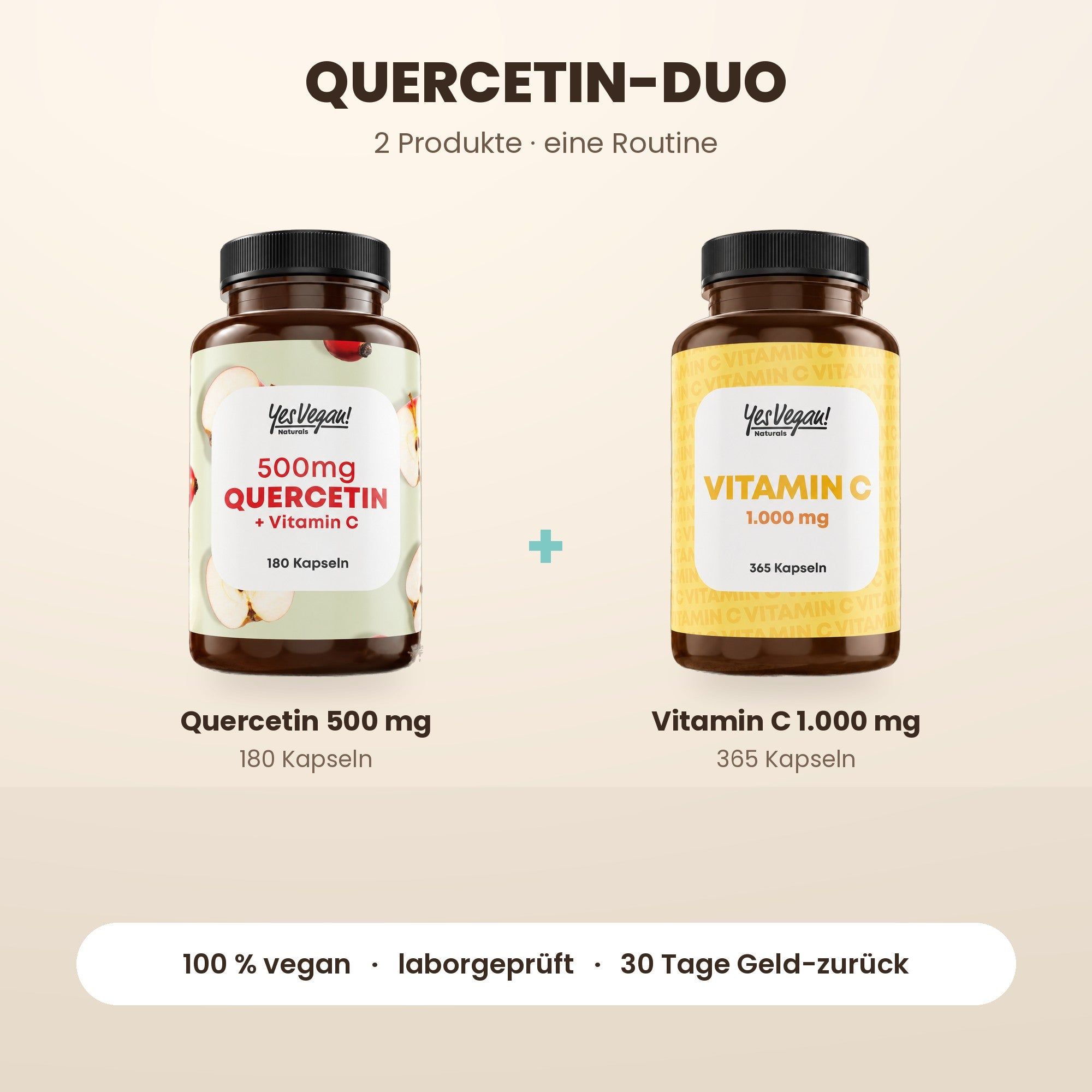 Zwei Flaschen Yes Vegan! Quercetin 500 mg (180 Kapseln) und Vitamin C 1.000 mg (365 Kapseln).