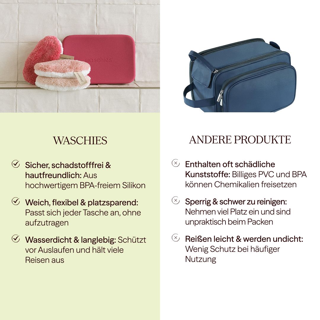 Vergleich: Waschies-Produkte vs. andere Produkte. Waschies: sicher, schadstofffrei, weich, wasserdicht. Andere: schädliche Kunststoffe, sperrig, undicht.