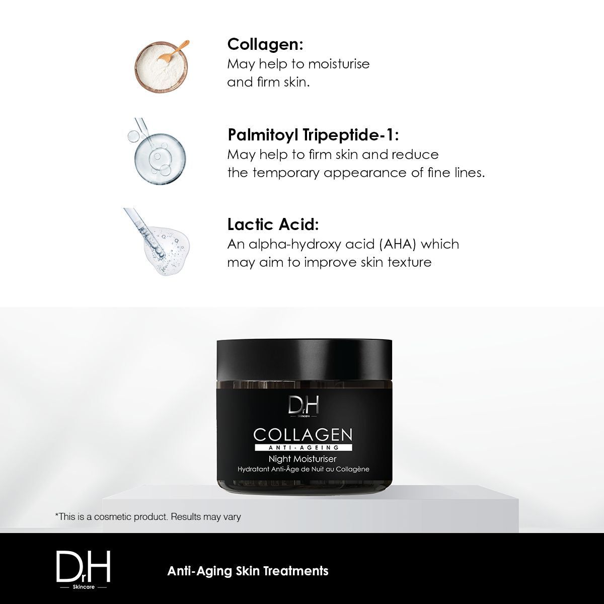 Schwarzer Tiegel mit "COLLAGEN ANTI-AGEING Night Moisturiser". Text: "D.H. Skin care". Inhaltsstoffe: Kollagen, Palmitoyl Tripeptide-1, Milchsäure.