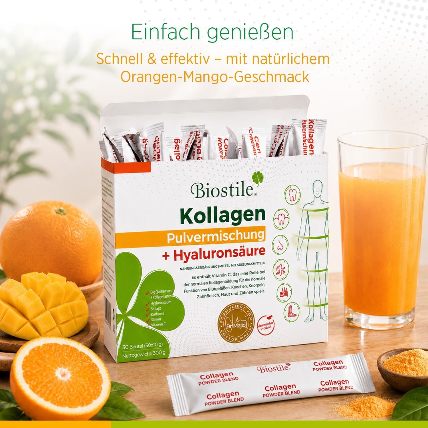Packung Biostile Kollagen Pulvermischung + Hyaluronsäure. 30 Beutel, Glas Saft, Orangen, Mango.