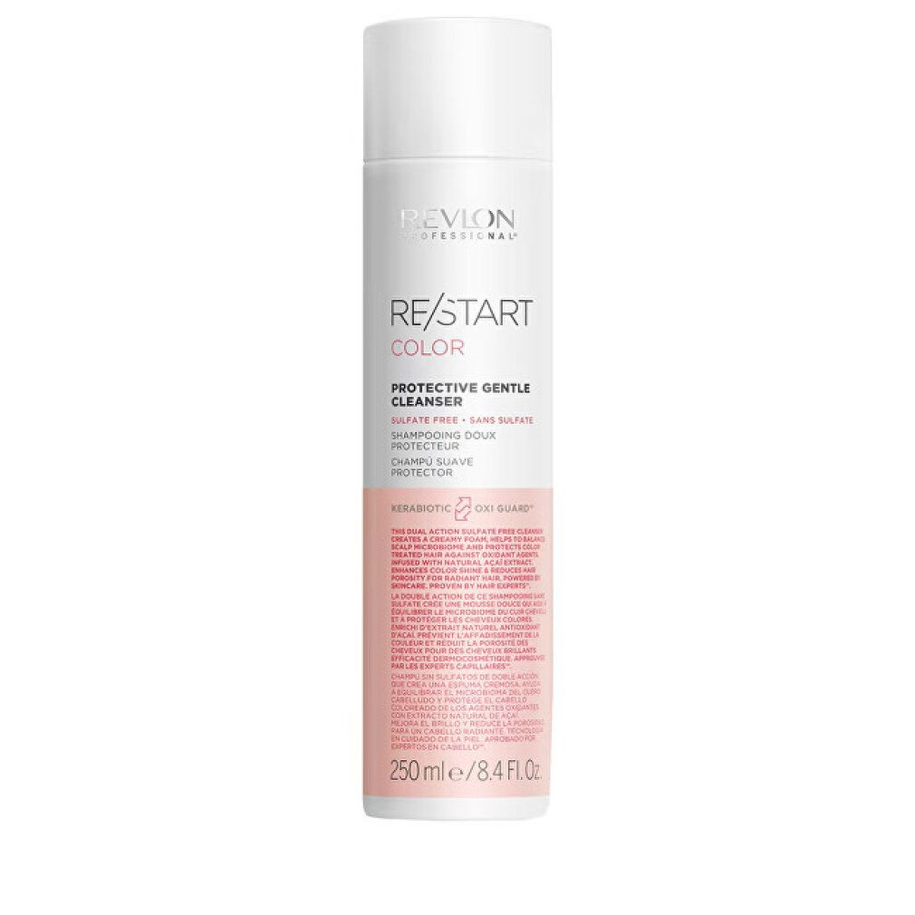 Weißer Behälter mit rosa Etikett. Aufschrift: Revlon, Re/Start Color, Protective Gentle Cleanser. 250 ml.