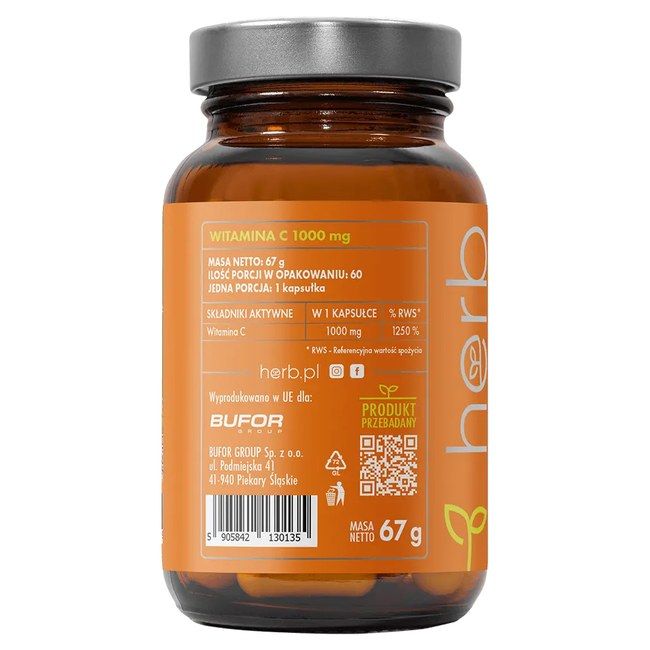 Rückseite einer Herb Vita C 1000 mg Kapseldose. Zeigt Nährwertangaben und Herstellerinformationen. 67g.