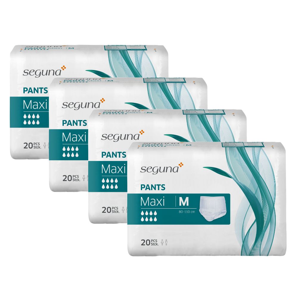 Vier Packungen SEGUNA Pants Maxi M. Verpackung mit Produktabbildung und Größenangabe.