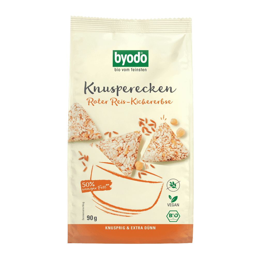 Bio Knusper-Ecken Roter Reis-Kichererbse, 90g Packung. Vegan und Bio-zertifiziert.